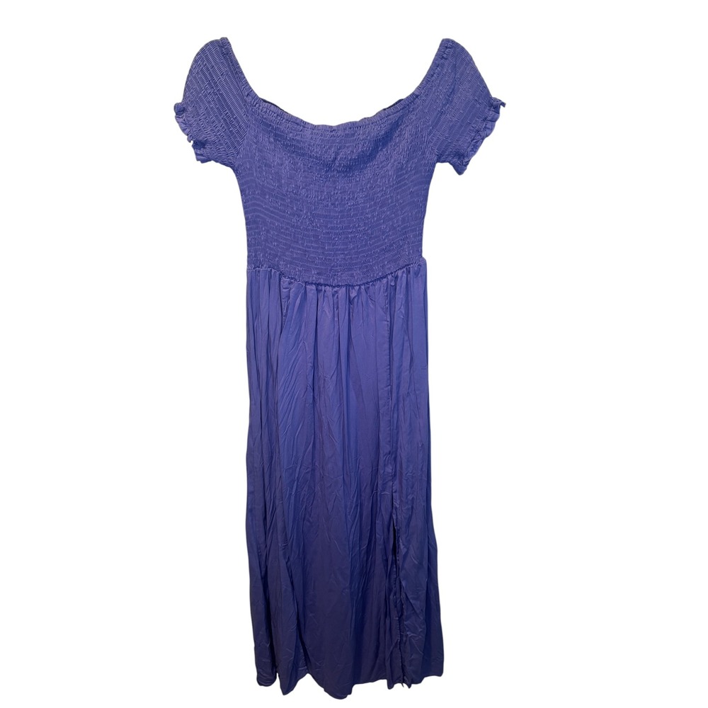 Purple Smocked‎ Off Shoulder Maxi Dress XL Short Sleeve Side Slit NEWBoho